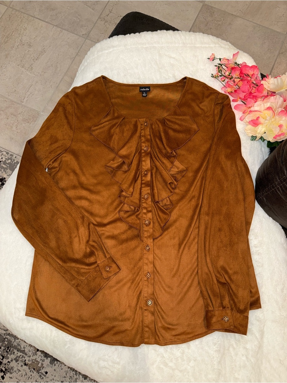 2 x 20$ Rafaella Rust Brown Ruffled Button-Front Blouse Size L